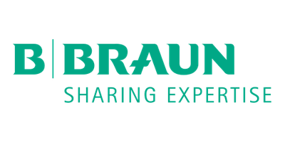B. Braun logo features the name prominently in teal letters, with a vertical line separating "B" and "BRAUN." Below, the phrase "SHARING EXPERTISE" is displayed in a smaller font.