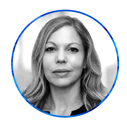 A woman with long hair and a nose piercing gazes directly at the viewer. The circular portrait is framed against a blue, abstract background, emphasizing her presence.