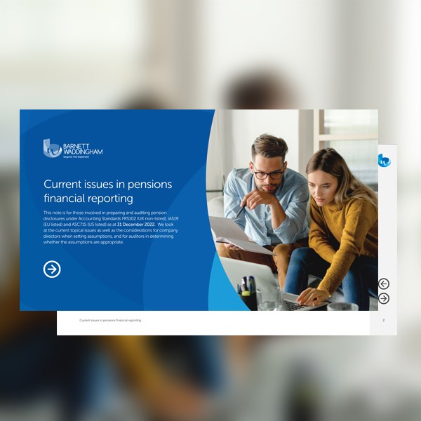 A man and a woman are collaborating over a laptop, examining documents. The setting includes a soft-focused background that suggests a modern office environment. Text discusses pension financial reporting issues.