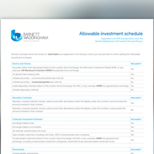 A financial document titled "Allowable Investment Schedule" lists various investment types and includes a column for notes or comments, indicating requirements or considerations for each listed item.