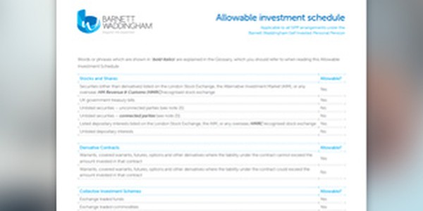 A financial document titled "Allowable Investment Schedule" lists various investment types and includes a column for notes or comments, indicating requirements or considerations for each listed item.