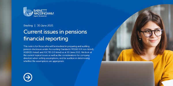 A woman with brown hair and glasses sits at a laptop, engaging with information on pensions. The background features a blue graphic, with text detailing a financial reporting briefing dated June 30, 2021.