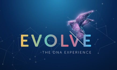 Colorful text spells "EVOLVE" prominently, with a graphic representation of a bird made of connected lines above it. Below, the phrase "THE DNA EXPERIENCE" is displayed, all set against a dark blue background.