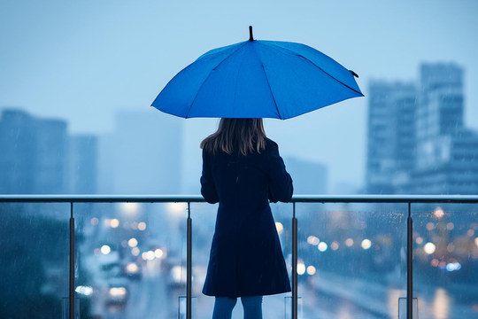 A person stands under a blue umbrella, gazing out over a rainy cityscape, with blurred lights from passing traffic and tall buildings partially obscured by mist in the background.