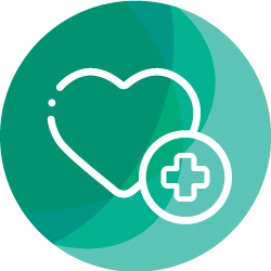 A teal circular graphic features a heart shape alongside a plus sign within a circle, symbolizing health or wellness. The design suggests a focus on medical or healthcare themes.