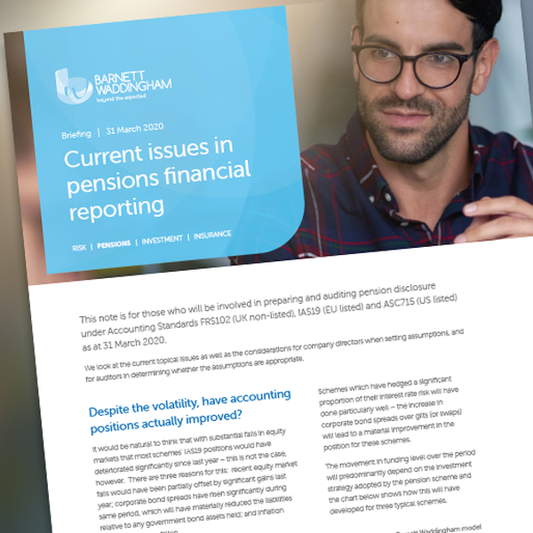 A document titled "Current issues in pensions financial reporting," featuring a man with glasses, discusses accounting standards for pensions, highlighting volatility and positions as of March 31, 2020.