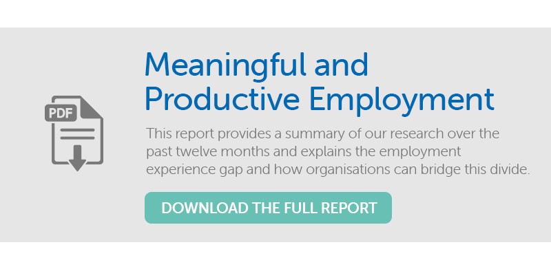 A PDF document icon is displayed, indicating the option to download. The title reads "Meaningful and Productive Employment," accompanied by a summary about a research report on the employment experience gap and solutions for organizations.