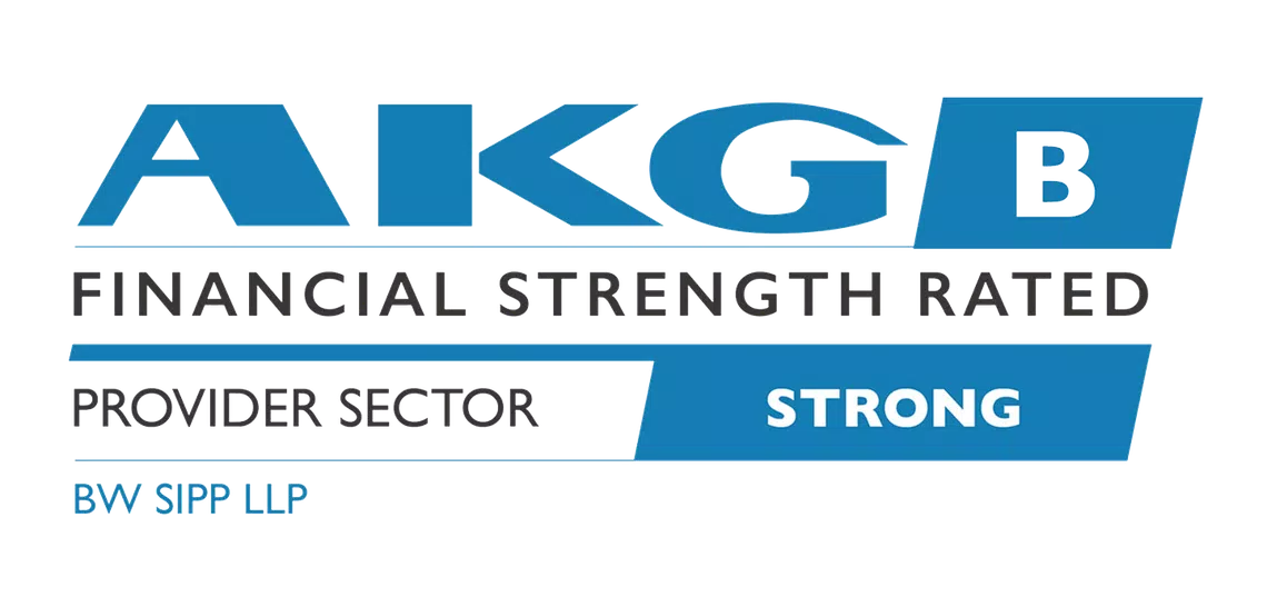 A logo features the letters "AKGB" prominently above a label stating "FINANCIAL STRENGTH RATED." Below, it identifies "PROVIDER SECTOR" with the word "STRONG," followed by "BW SIPP LLP."