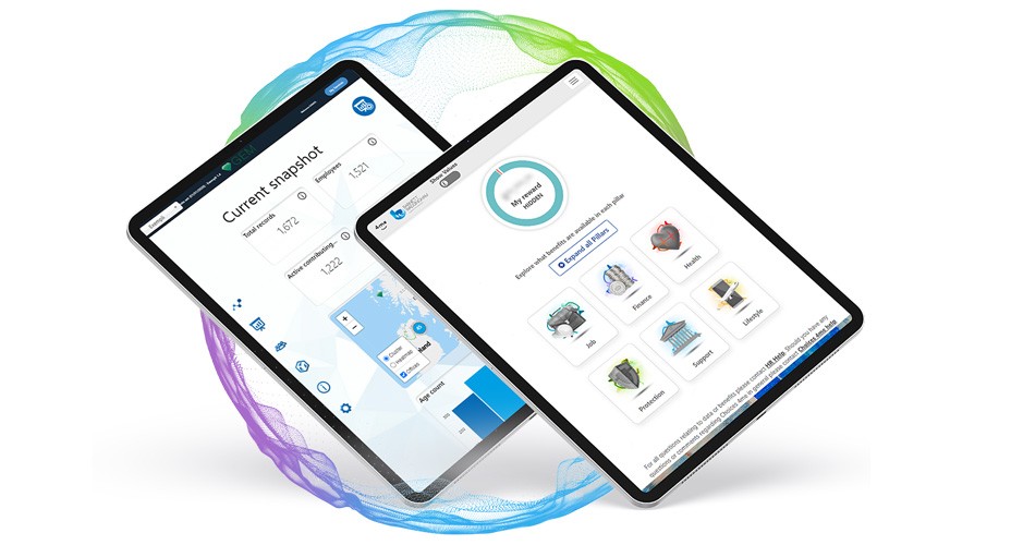 Two tablets display digital interfaces. One shows a snapshot of data metrics, while the other features icons for various categories like Job and Health, set against a colorful abstract background.