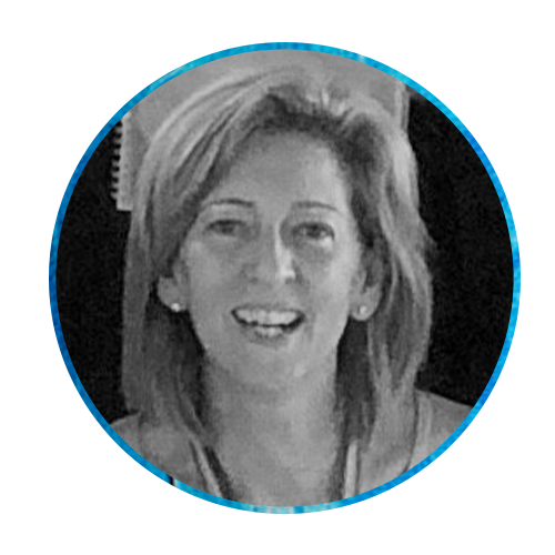 A woman with shoulder-length hair smiles, appearing cheerful. She is framed in a circular design against a vibrant blue background, suggesting a positive and friendly mood.