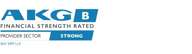 A logo features the letters "AKGB" prominently alongside text indicating a financial strength rating of "B" and the sector classification as "Provider Sector," noted as "Strong," with "BW SIPP LLP" included.