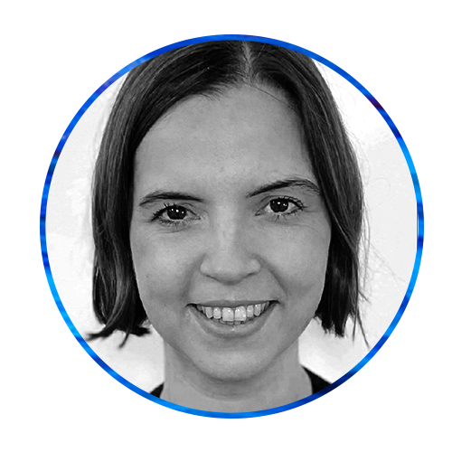 A circular portrait of a woman with shoulder-length hair, smiling warmly. The background features an abstract blue design, creating a vibrant and visually engaging context.