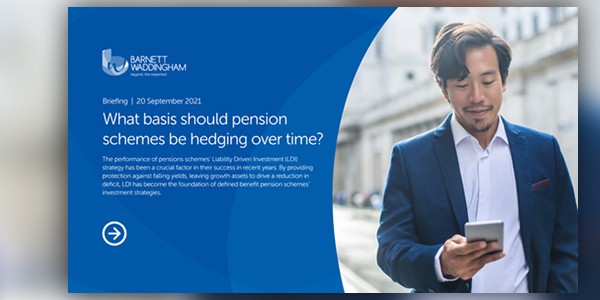 A young man holds a smartphone, looking at it while standing in an urban setting. The background features blurred buildings, and a blue graphic contains text about pension schemes and investment strategies.