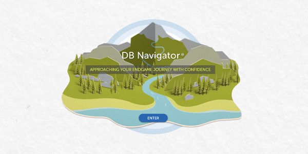 A stylized landscape features mountains, trees, and a winding river. Text reads “DB Navigator®” and “APPROACHING YOUR ENDGAME JOURNEY WITH CONFIDENCE,” with a blue button labeled “ENTER” below.