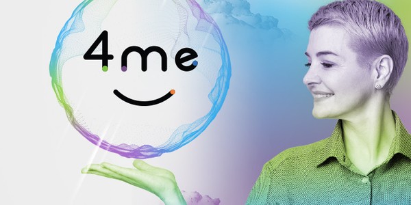 A woman presents a colorful, glowing bubble with the text "4me" and a smiley face. The background features soft pastel colors and clouds, creating a whimsical, modern atmosphere.