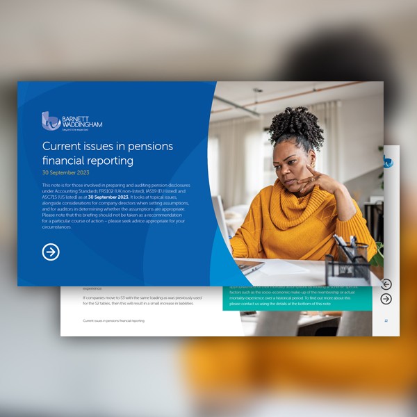 A woman with curly hair sits at a table, thoughtfully examining documents related to pension financial reporting. She's surrounded by a modern office space with light streaming in through the windows. 

**Text:**
"Current issues in pensions financial repo