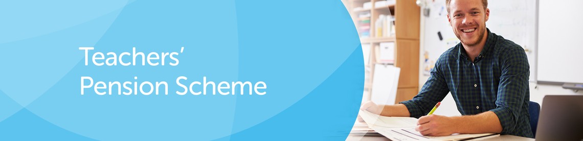 A person smiles while sitting at a table, reviewing documents. The environment appears to be an office or classroom, with shelves and whiteboard visible in the background. 

Text: "Teachers' Pension Scheme"