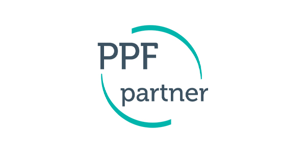 A circular logo features the letters "PPF" prominently in gray, with the word "partner" in smaller gray text below. A turquoise arc surrounds the letters, suggesting partnership and collaboration.