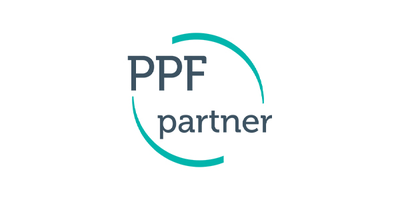 A circular logo features the letters "PPF" prominently in gray, with the word "partner" in smaller gray text below. A turquoise arc surrounds the letters, suggesting partnership and collaboration.