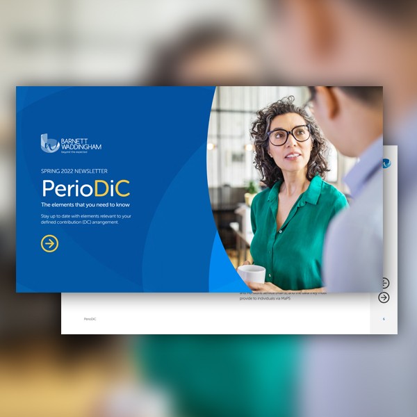 A woman with curly hair and glasses is engaged in conversation, holding a cup. The background suggests a modern office environment, contributing to a professional context. The newsletter is titled "PerioDiC."