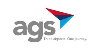 A stylized logo features the lowercase letters "ags" in gray. Nearby, a colorful triangular graphic in red, blue, and a lighter blue points to the right, accompanied by the text “Three airports. One journey.”