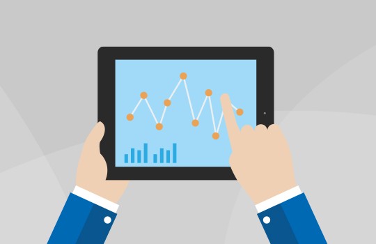 A person with light skin and wearing a blue suit interacts with a tablet displaying a graph with orange dots and bars, against a light gray abstract background.