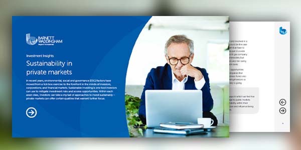 A man with glasses, dressed in a blue shirt, sits thoughtfully in front of a laptop. The background is bright, with a document outlining “Sustainability in private markets” visible on the screen.