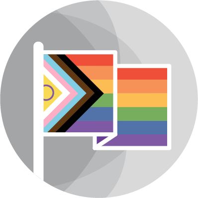 A flag featuring rainbow colors and a chevron design is displayed alongside a speech bubble with horizontal stripes in similar rainbow hues, all set against a circular gray background.