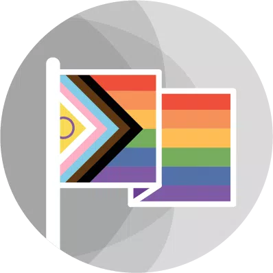 A flag featuring rainbow colors and a chevron design is displayed alongside a speech bubble with horizontal stripes in similar rainbow hues, all set against a circular gray background.