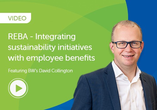 A man with glasses smiles while wearing a dark blazer and light shirt. The context includes a green and blue background. The text mentions a video about sustainability initiatives with employee benefits, featuring David Collington.