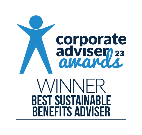 A logo features a stylized figure with arms raised, representing achievement. Below, text announces "corporate adviser awards 23" and highlights "WINNER BEST SUSTAINABLE BENEFITS ADVISER." A professional recognition context is implied.