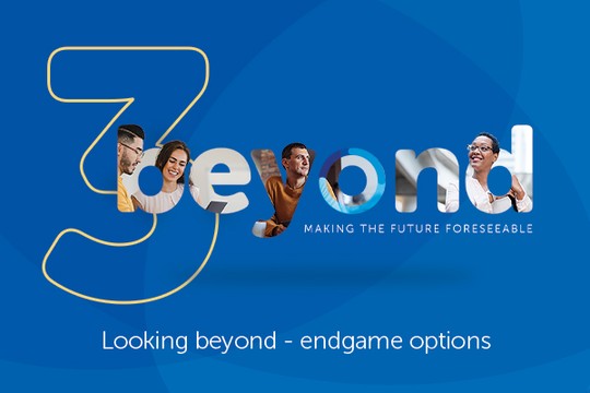 A large "3" and "beyond" are prominently displayed, with diverse images of people within the letters. The text reads, "Making the future foreseeable" and "Looking beyond - endgame options."