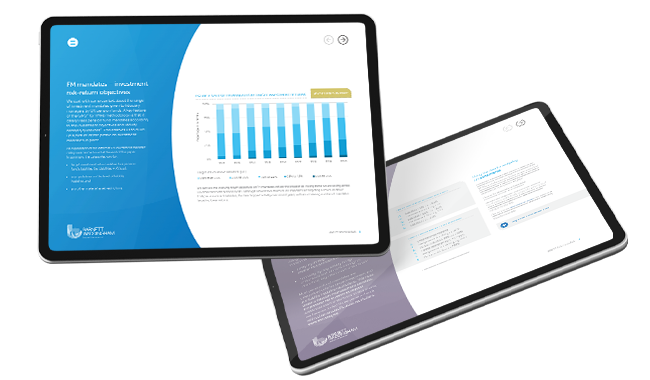 Two tablets are displayed, showing presentation slides. One features a detailed overview with a bar graph, while the other displays text-based information, set against clean, blue and white backgrounds.