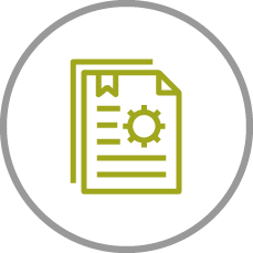 A document with lines and a gear icon indicates a focus on settings or configurations. It is positioned within a circular outline, suggesting emphasis on organization or planning.