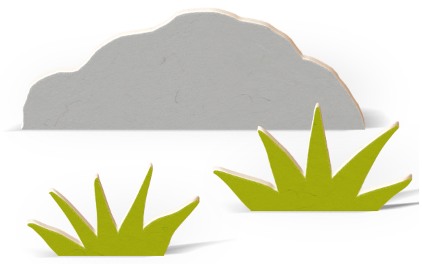 A gray, cloud-like shape hovers at the top, while two bright green, grass-like shapes extend upward from the bottom. The background is simple and unadorned, enhancing the objects' features.