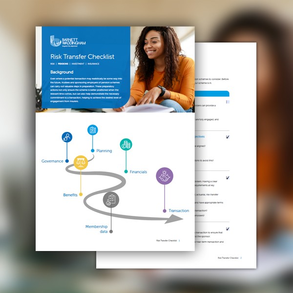 A woman with curly hair, wearing an orange shirt, smiles while reviewing a document labeled "Risk Transfer Checklist." The checklist outlines steps like governance, planning, and transaction in a flowchart format.