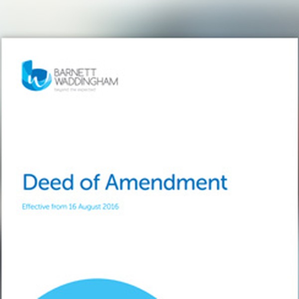 A document titled "Deed of Amendment" is prominently displayed, attributed to Barnett Waddingham. It indicates an effective date of 16 August 2016, set against a blurred background.