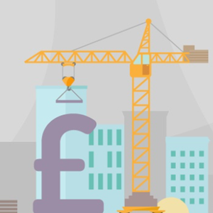 A yellow construction crane lifts materials above a large, stylized pound symbol in the foreground, with modern buildings in varying shades of blue and gray in the background.