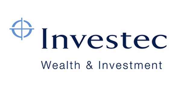 A logo features the text "Investec Wealth & Investment." The logo includes a blue circular compass-like design alongside the text, set against a white background, conveying a professional financial services theme.