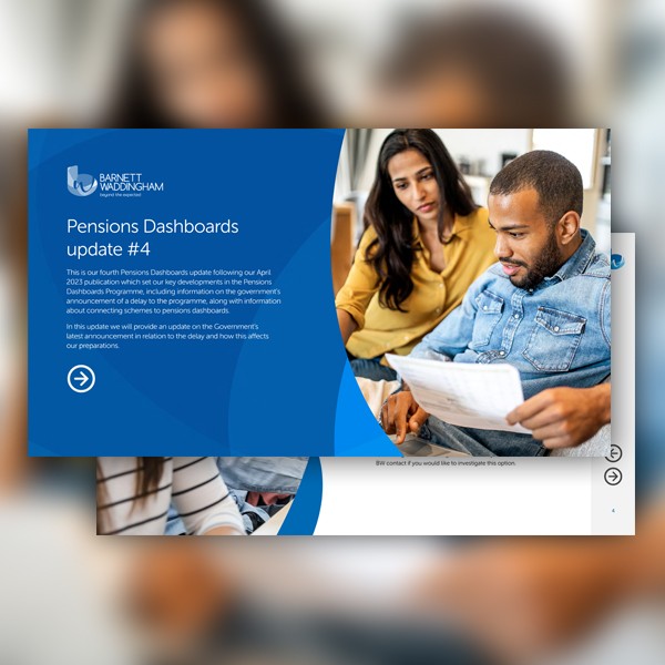 A blue presentation slide features two people discussing a document. The woman gestures towards the page while the man listens attentively. The context appears to be a financial or informational meeting about pensions. 

Text: "BARNETT WADDINGHAM Pensions