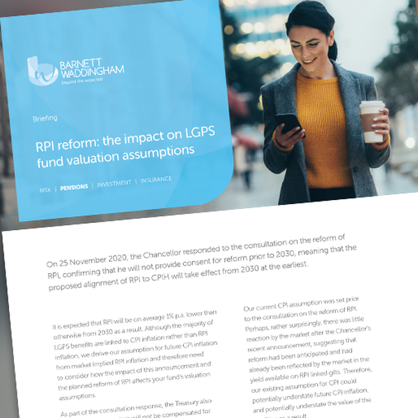 A business briefing document titled "RPI reform: the impact on LGPS fund valuation assumptions" includes text discussing RPI reform details, with a person holding a smartphone and coffee in the background.