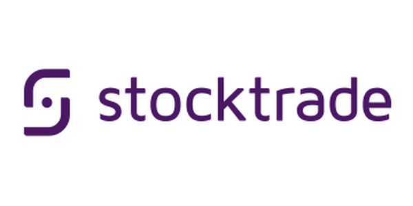 A stylized logo displays the word "stocktrade" in purple, accompanied by an abstract symbol to the left, suggesting a focus on trading or financial services within a modern design context.