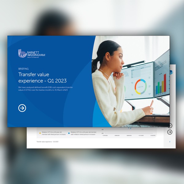 A woman analyzes data on dual computer screens while holding a pen. The environment appears to be a modern office setting, with charts and graphs displayed prominently on the screens. 

Text: 
"BRIEFING
Transfer value experience - Q1 2023
We have analyzed