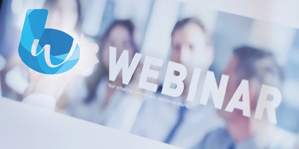 A laptop screen displays a webinar announcement. The word "WEBINAR" is prominently featured, alongside a blue logo. Blurred images of participants are visible in the background. Text: "Your schedule will commence shortly."