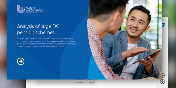 A report titled "Analysis of large DC pension schemes" is displayed on a blue background. Two men engage in a discussion, one holding a tablet, in a modern office setting.