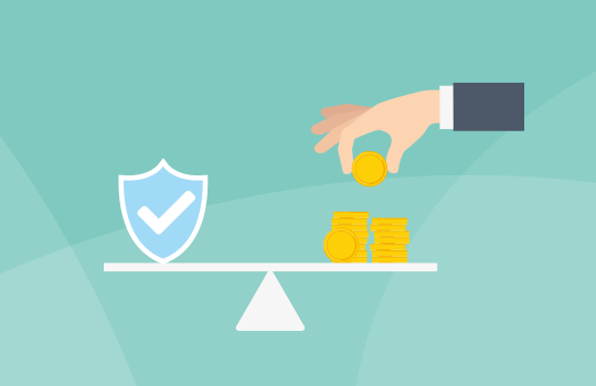 A hand places a gold coin onto a scale, balancing against a pile of coins. A shield with a checkmark symbolizes security in a soft, teal background.