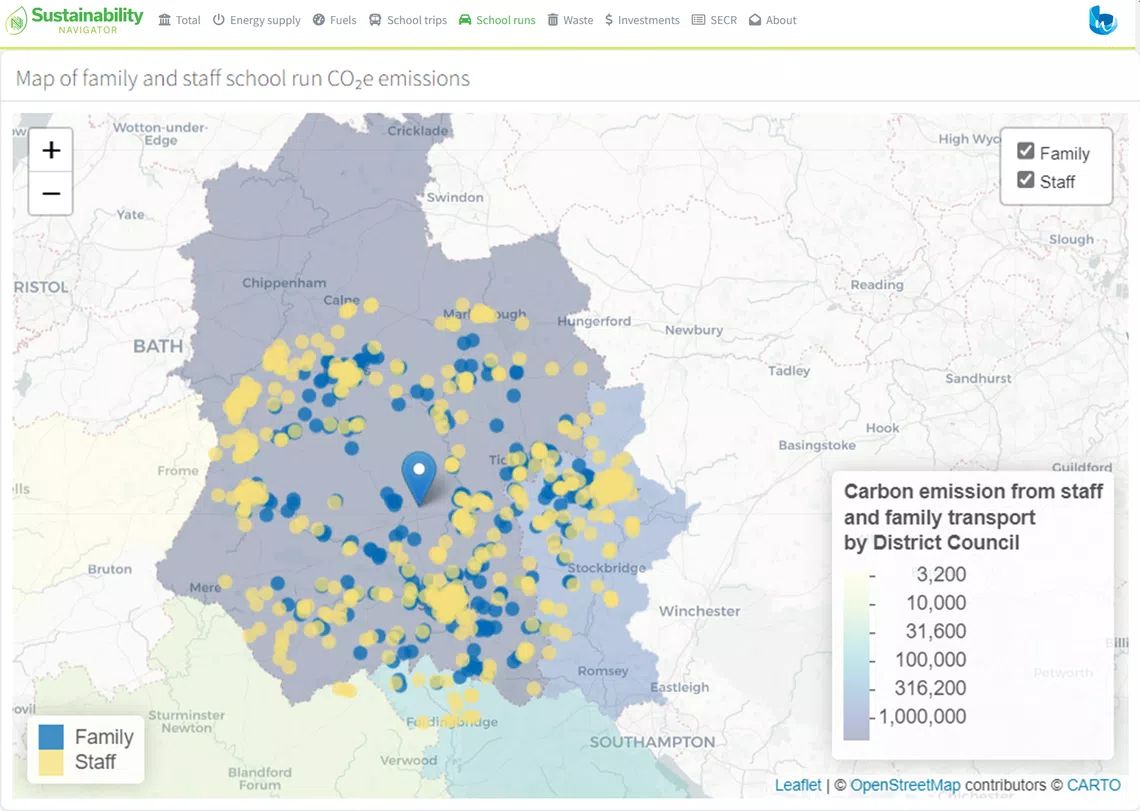 A color-coded map displays carbon emissions from family and staff school runs, with blue dots representing family data and yellow for staff, set against a regional geographic background.