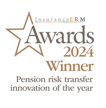 Star-shaped graphic prominently features the text "InsuranceERM Awards 2024 Winner" with a subtitle "Pension risk transfer innovation of the year," indicating a recognition in the insurance sector.