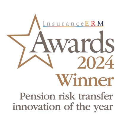 Star-shaped graphic prominently features the text "InsuranceERM Awards 2024 Winner" with a subtitle "Pension risk transfer innovation of the year," indicating a recognition in the insurance sector.