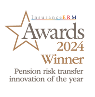 Star-shaped graphic prominently features the text "InsuranceERM Awards 2024 Winner" with a subtitle "Pension risk transfer innovation of the year," indicating a recognition in the insurance sector.
